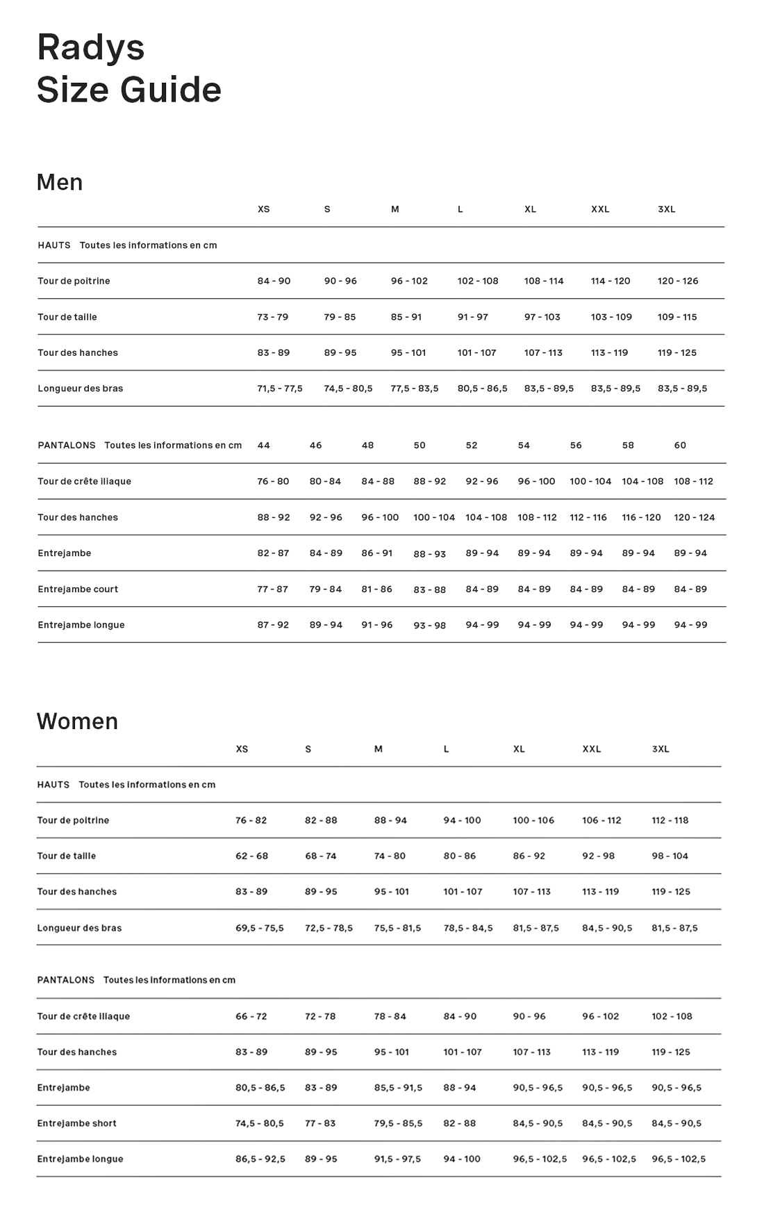 Radys Size Guide