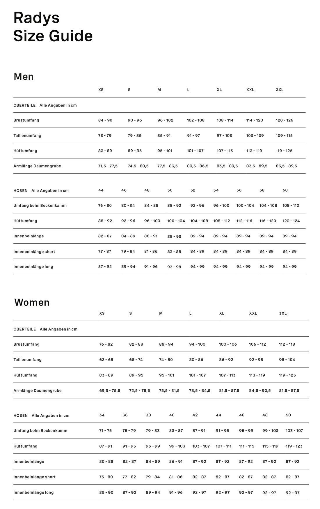 Radys Size Guide